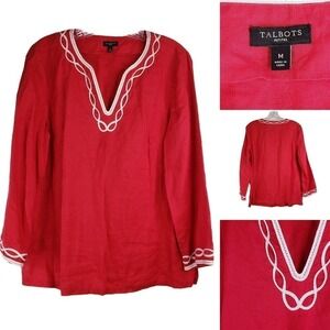 Talbots 100% Linen Tunic Shirt Popover Red Womens Size Medium Resort Beach